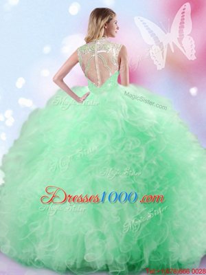 Fine Apple Green High-neck Neckline Beading and Ruffles and Sequins Sweet 16 Dress Sleeveless Zipper