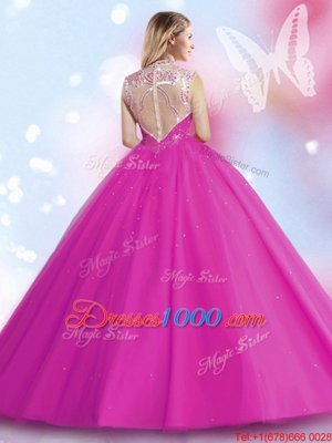 Scoop Beading and Sequins Ball Gown Prom Dress Fuchsia Zipper Sleeveless Floor Length