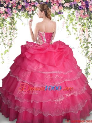 Classical Blue Organza Lace Up Sweetheart Sleeveless Floor Length 15th Birthday Dress Beading and Ruffled Layers and Pick Ups