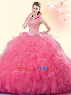 Floor Length Ball Gowns Sleeveless Coral Red Quinceanera Dresses Backless