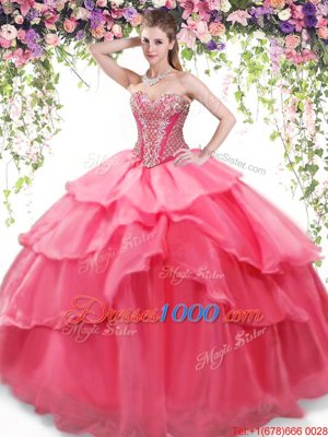 Smart Coral Red Sleeveless Beading and Ruffled Layers Floor Length Sweet 16 Dresses