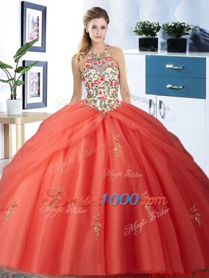 Exquisite Halter Top Pick Ups Floor Length Ball Gowns Sleeveless Orange Red 15 Quinceanera Dress Lace Up
