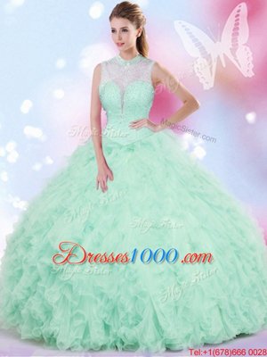 Cheap Sleeveless Lace Up Floor Length Beading and Ruffles Quince Ball Gowns