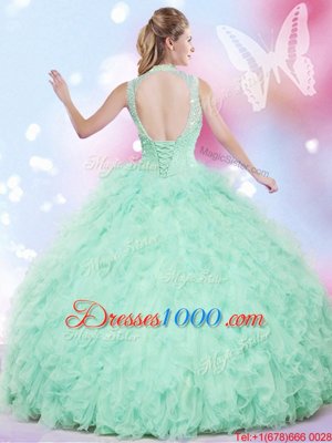 Cheap Sleeveless Lace Up Floor Length Beading and Ruffles Quince Ball Gowns