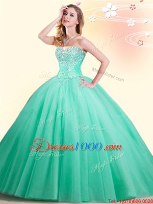 Custom Fit Apple Green Sleeveless Floor Length Beading Lace Up Quinceanera Gowns
