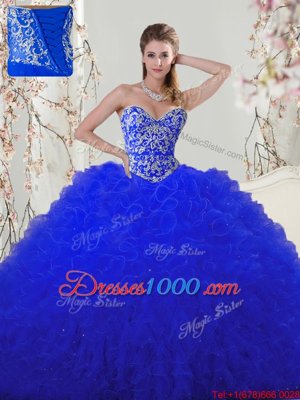 New Style Floor Length Ball Gowns Sleeveless Royal Blue Quince Ball Gowns Lace Up