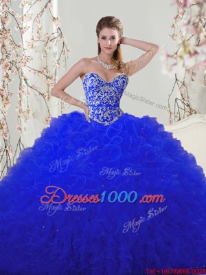 New Style Floor Length Ball Gowns Sleeveless Royal Blue Quince Ball Gowns Lace Up