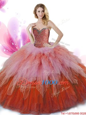 Attractive Tulle Sweetheart Sleeveless Lace Up Beading and Ruffles Sweet 16 Dress in Multi-color