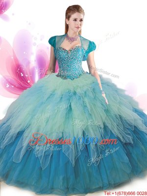 Attractive Tulle Sweetheart Sleeveless Lace Up Beading and Ruffles Sweet 16 Dress in Multi-color