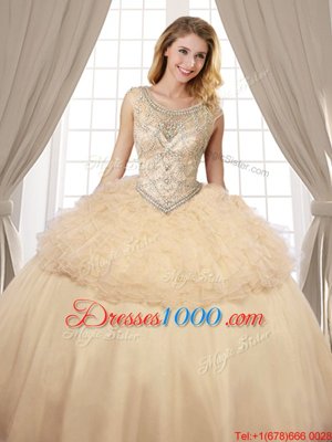 Scoop Champagne Sleeveless Organza and Tulle Lace Up Quinceanera Dresses for Military Ball and Sweet 16 and Quinceanera