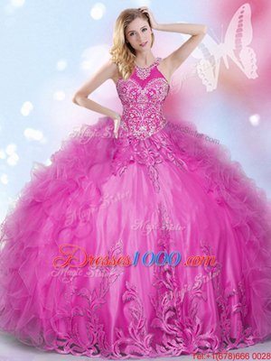 Pretty Hot Pink Halter Top Lace Up Beading and Appliques and Ruffles Quince Ball Gowns Sleeveless
