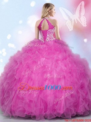 Pretty Hot Pink Halter Top Lace Up Beading and Appliques and Ruffles Quince Ball Gowns Sleeveless