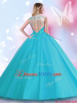 Floor Length Aqua Blue Sweet 16 Quinceanera Dress Tulle Sleeveless Beading and Sequins