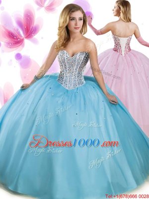 Multi-color Tulle Lace Up High-neck Sleeveless Floor Length 15 Quinceanera Dress Beading and Ruffles