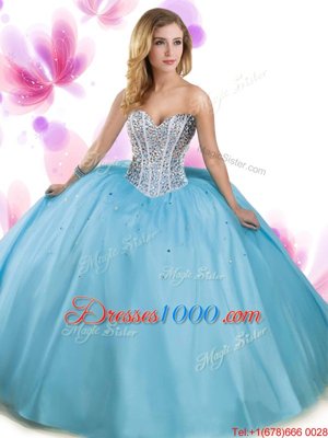 Multi-color Tulle Lace Up High-neck Sleeveless Floor Length 15 Quinceanera Dress Beading and Ruffles