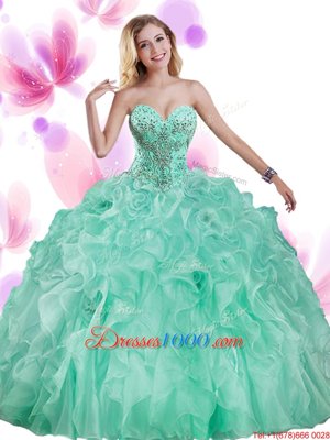 Classical Sleeveless Organza Floor Length Lace Up 15th Birthday Dress in Apple Green for with Beading and Ruffles