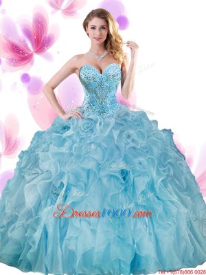 Classical Sleeveless Organza Floor Length Lace Up 15th Birthday Dress in Apple Green for with Beading and Ruffles