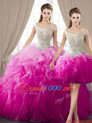 Three Piece Off the Shoulder Sleeveless Beading and Ruffles Lace Up Sweet 16 Dresses