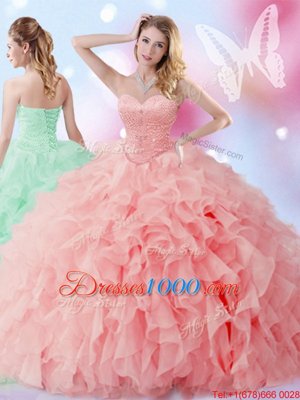 Watermelon Red Vestidos de Quinceanera Military Ball and Sweet 16 and Quinceanera and For with Beading and Ruffles Sweetheart Sleeveless Lace Up