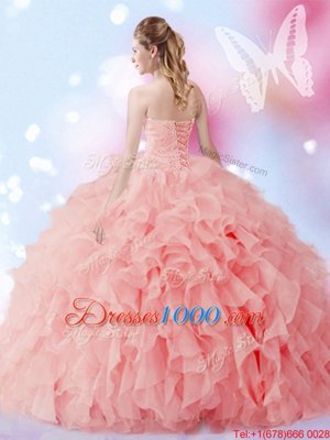 Watermelon Red Vestidos de Quinceanera Military Ball and Sweet 16 and Quinceanera and For with Beading and Ruffles Sweetheart Sleeveless Lace Up