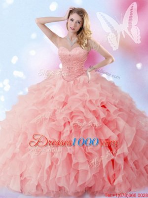 Watermelon Red Vestidos de Quinceanera Military Ball and Sweet 16 and Quinceanera and For with Beading and Ruffles Sweetheart Sleeveless Lace Up