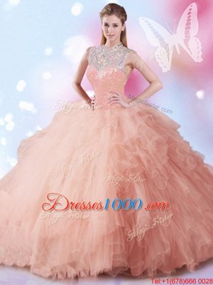 Peach Ball Gowns High-neck Sleeveless Tulle Floor Length Zipper Beading and Ruffles and Sequins Quinceanera Dresses