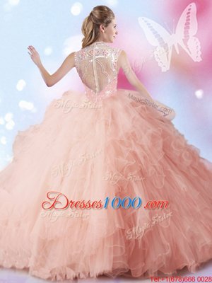 Peach Ball Gowns High-neck Sleeveless Tulle Floor Length Zipper Beading and Ruffles and Sequins Quinceanera Dresses