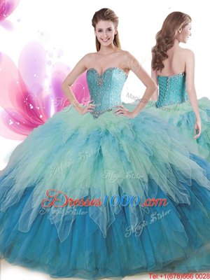 Fancy Multi-color Ball Gowns Beading and Ruffles Quince Ball Gowns Lace Up Tulle Sleeveless Floor Length