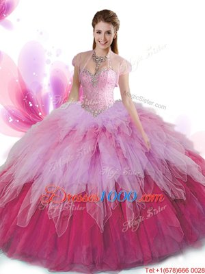 Fancy Multi-color Ball Gowns Beading and Ruffles Quince Ball Gowns Lace Up Tulle Sleeveless Floor Length