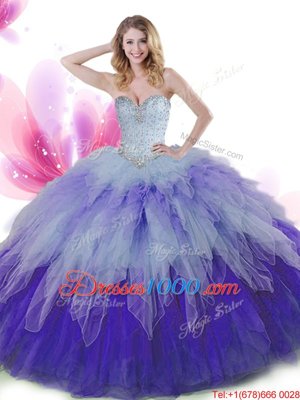 Fancy Multi-color Ball Gowns Beading and Ruffles Quince Ball Gowns Lace Up Tulle Sleeveless Floor Length