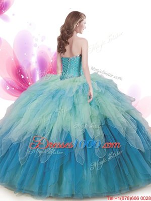 Fancy Multi-color Ball Gowns Beading and Ruffles Quince Ball Gowns Lace Up Tulle Sleeveless Floor Length