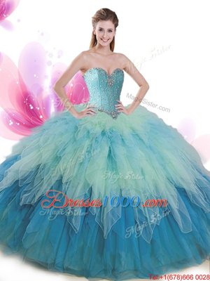 Fancy Multi-color Ball Gowns Beading and Ruffles Quince Ball Gowns Lace Up Tulle Sleeveless Floor Length