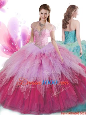 Fancy Multi-color Ball Gowns Beading and Ruffles Quince Ball Gowns Lace Up Tulle Sleeveless Floor Length