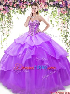 Lavender Sleeveless Floor Length Beading and Ruffled Layers Lace Up Quinceanera Gown