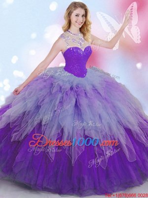 Superior Sleeveless Floor Length Beading and Ruffles Zipper Sweet 16 Quinceanera Dress with Multi-color