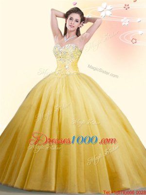 Gold Sleeveless Floor Length Beading Lace Up Ball Gown Prom Dress