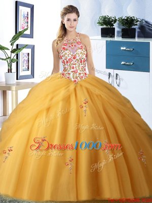 Low Price Halter Top Sleeveless Tulle Quinceanera Dresses Embroidery and Pick Ups Lace Up
