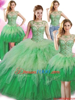 Elegant Four Piece Green Ball Gowns Scoop Sleeveless Tulle Floor Length Lace Up Beading and Ruffles Ball Gown Prom Dress
