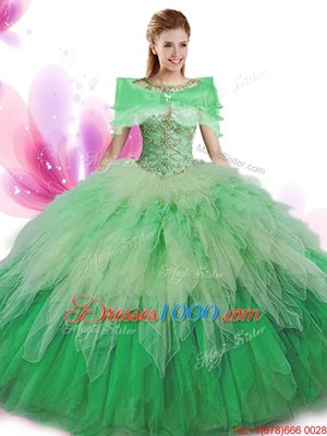 Elegant Four Piece Green Ball Gowns Scoop Sleeveless Tulle Floor Length Lace Up Beading and Ruffles Ball Gown Prom Dress