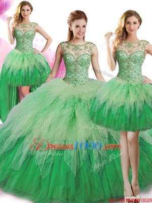 Elegant Four Piece Green Ball Gowns Scoop Sleeveless Tulle Floor Length Lace Up Beading and Ruffles Ball Gown Prom Dress