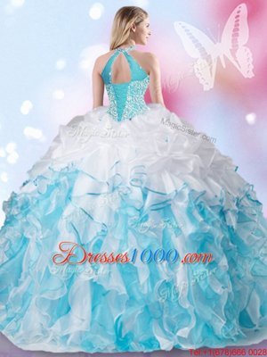 Comfortable Halter Top Floor Length Blue And White Quinceanera Dress Organza Sleeveless Beading and Ruffles and Pick Ups