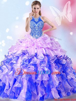 Halter Top Multi-color Organza Lace Up Sweet 16 Dress Sleeveless Floor Length Beading and Ruffles and Pick Ups
