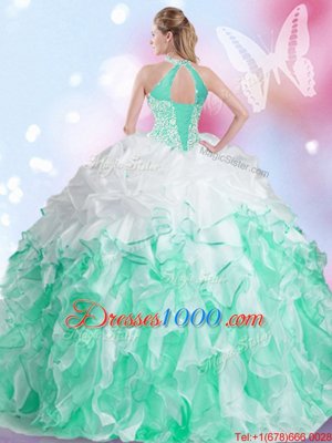 Halter Top Multi-color Organza Lace Up Sweet 16 Dress Sleeveless Floor Length Beading and Ruffles and Pick Ups