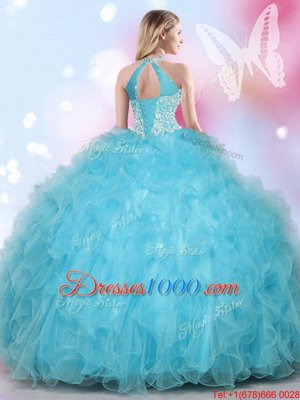 Amazing Halter Top Floor Length Aqua Blue Vestidos de Quinceanera Tulle Sleeveless Beading and Appliques