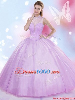 Lavender Lace Up High-neck Beading Quinceanera Gown Tulle Sleeveless