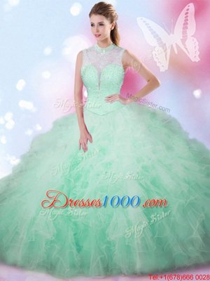 Fashion Floor Length Apple Green Quinceanera Dress Tulle Sleeveless Beading and Ruffles