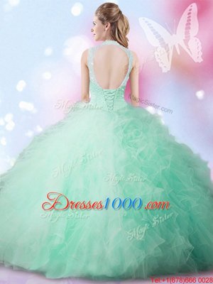 Fashion Floor Length Apple Green Quinceanera Dress Tulle Sleeveless Beading and Ruffles