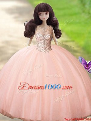 Extravagant High-neck Sleeveless Sweet 16 Dresses Floor Length Beading Peach Tulle