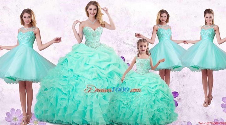 Floor Length Apple Green Quince Ball Gowns Organza Sleeveless Beading and Ruffles and Pick Ups