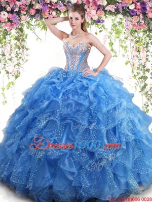 Mermaid Aqua Blue Lace Up Sweet 16 Dresses Beading and Ruffles Sleeveless Floor Length